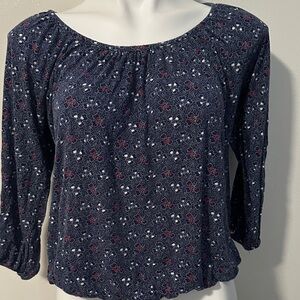 Michael Kors Navy Floral Gathered Neck Peasant Blouse